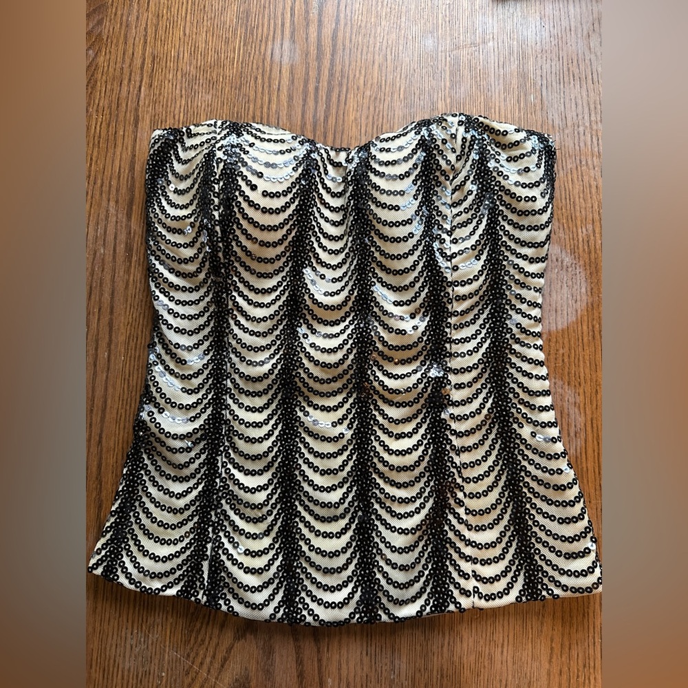 Windsor Ivory Strapless Tank Top with Black Sequin Wave Pattern